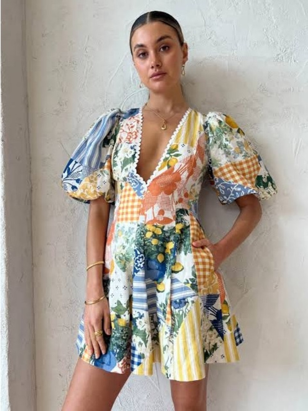 Patchwork V-Neck Puff Sleeve Mini Dress in Yellow & Blue